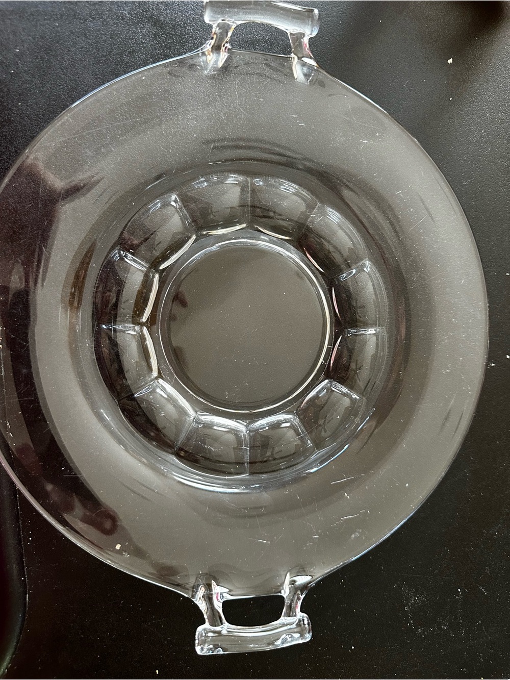 Mid century Clear Glass Serving Bowl with Handles. 13 inch
